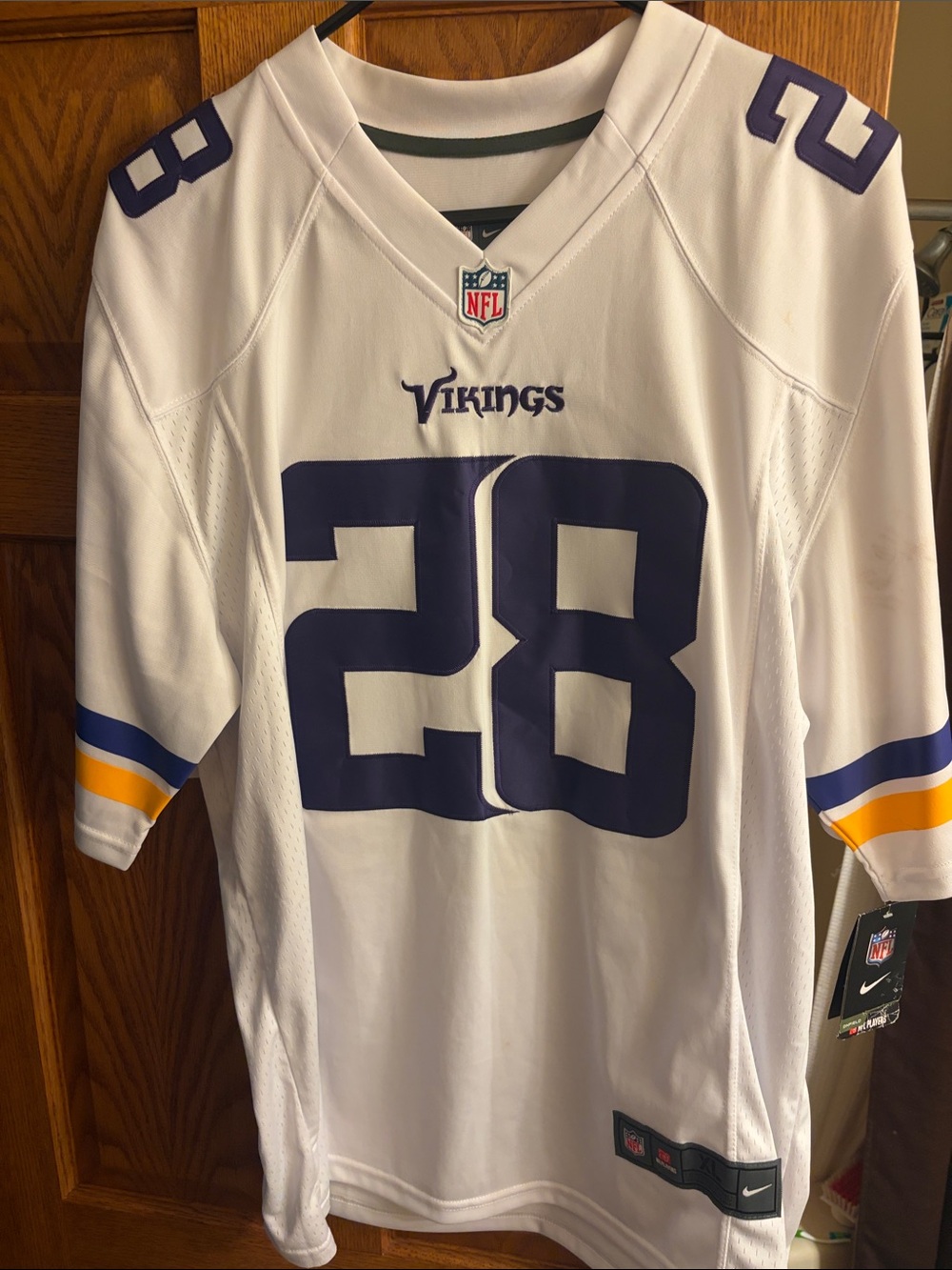 Nike White Vikings #28 Football Jersey with Purple and Gold Accents